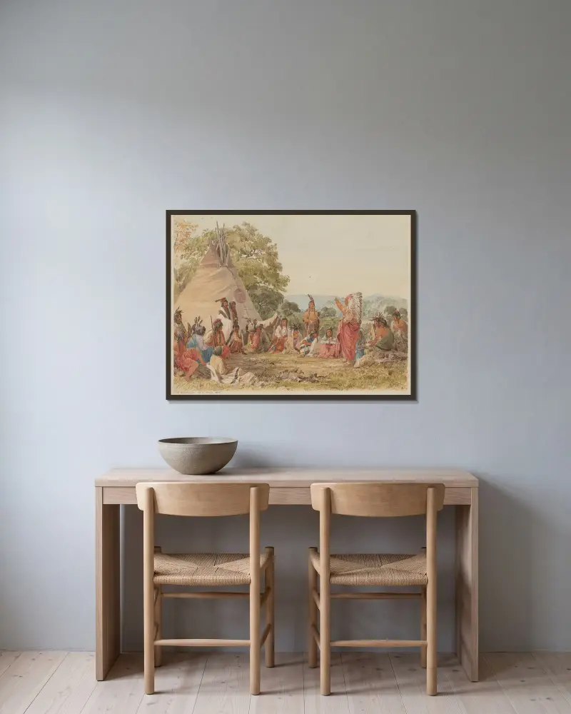 Indians in Council av Seth Eastman inramad på en vägg