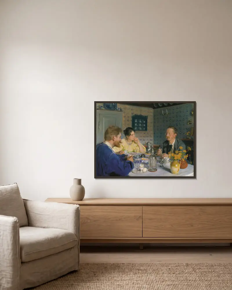 A breakfast. The artist, his wife and the writer Otto Benzon av Peder Severin Krøyer inramad på en vägg