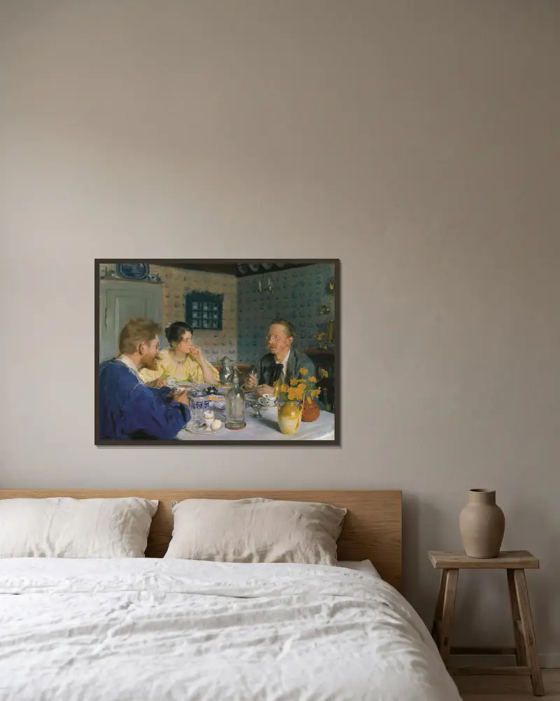 A breakfast. The artist, his wife and the writer Otto Benzon av Peder Severin Krøyer inramad på en vägg