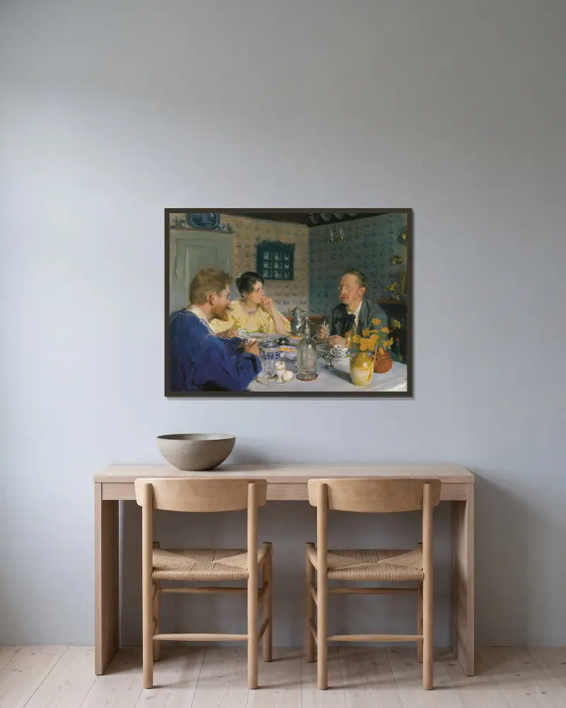 A breakfast. The artist, his wife and the writer Otto Benzon av Peder Severin Krøyer inramad på en vägg