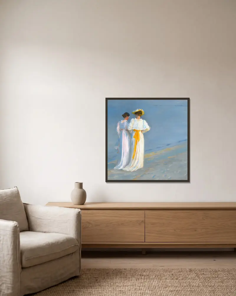 Anna Ancher And Marie Krøyer On The Beach At Skagen av Peder Severin Krøyer inramad på en vägg