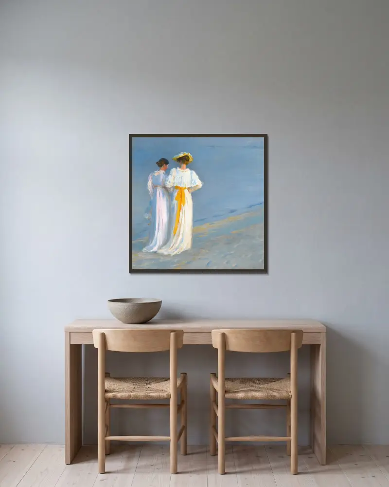 Anna Ancher And Marie Krøyer On The Beach At Skagen av Peder Severin Krøyer inramad på en vägg