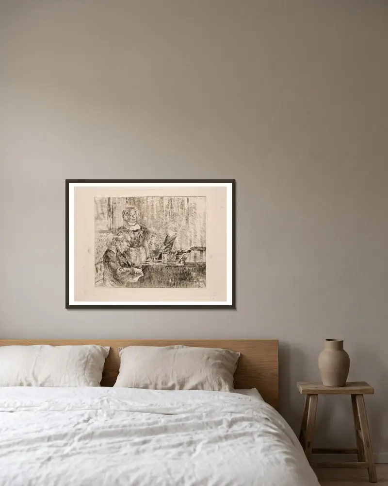 Edvard og Nina Grieg ved klaveret av Peder Severin Krøyer inramad på en vägg