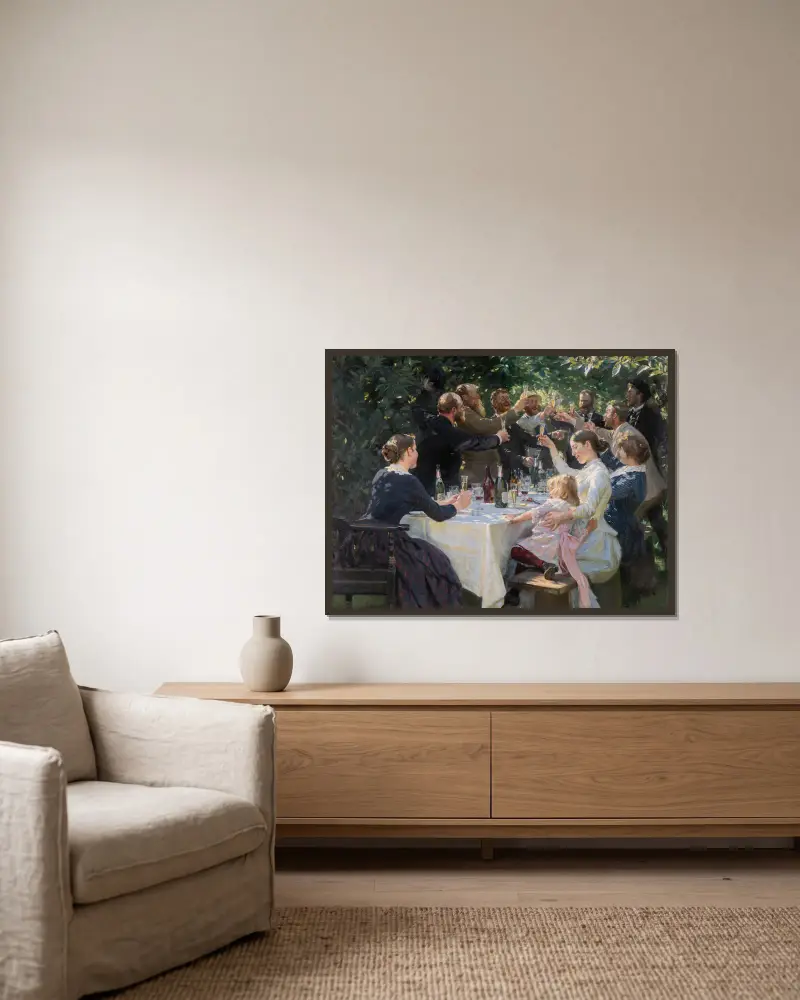 Hip, hip, hurra! Konstnärsfest i Skagen av Peder Severin Krøyer inramad på en vägg