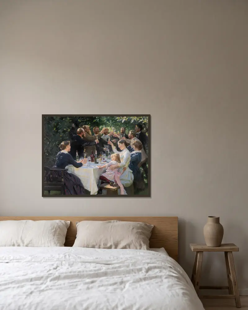 Hip, hip, hurra! Konstnärsfest i Skagen av Peder Severin Krøyer inramad på en vägg