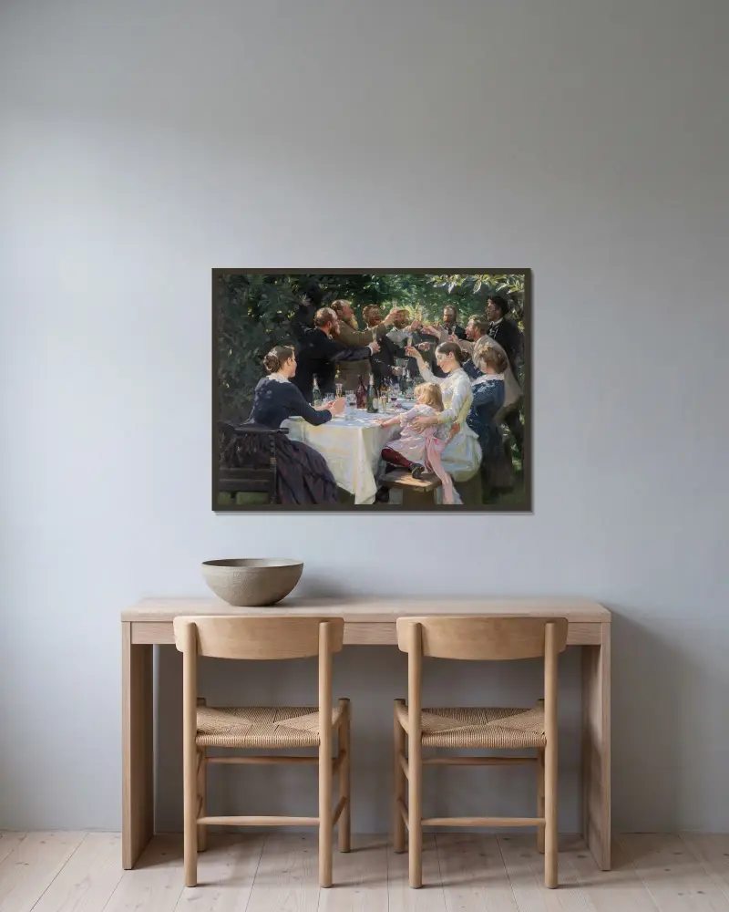Hip, hip, hurra! Konstnärsfest i Skagen av Peder Severin Krøyer inramad på en vägg