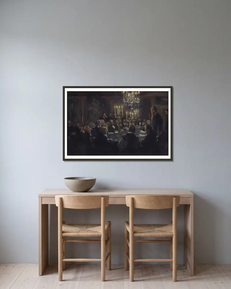 Kompositionsskitse til ‘Et Møde i Videnskabernes Selskab’ i Videnskabernes Selskab av Peder Severin Krøyer inramad på en vägg