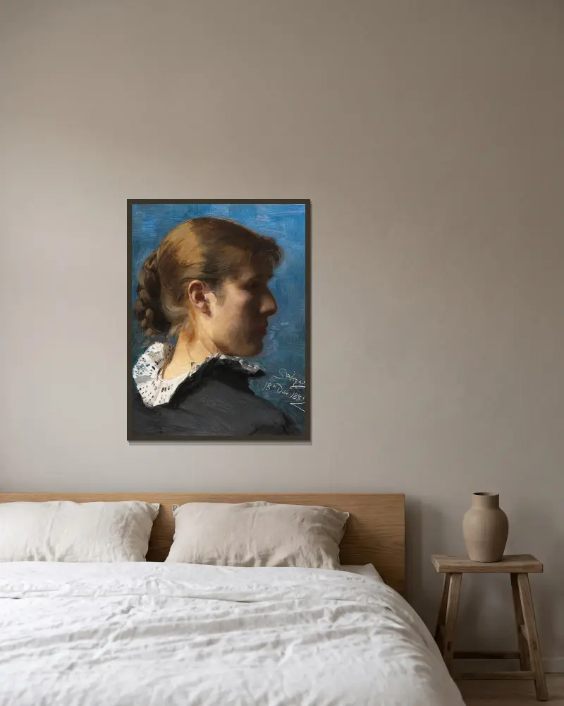 Portrait of a young woman in profile av Peder Severin Krøyer inramad på en vägg