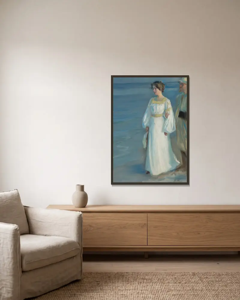 Summer Evening on Skagen Beach, Portrait of the Artist’s Wife av Peder Severin Krøyer inramad på en vägg
