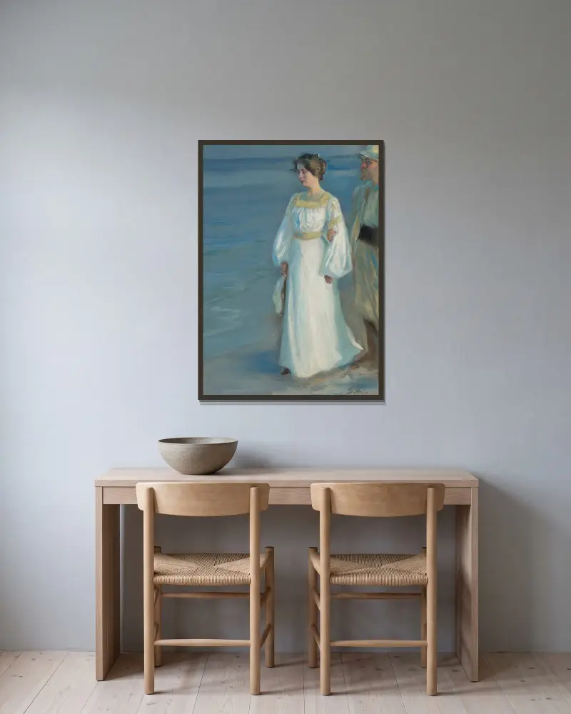 Summer Evening on Skagen Beach, Portrait of the Artist’s Wife av Peder Severin Krøyer inramad på en vägg