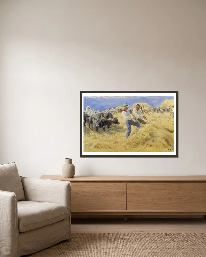 Threshing in the Abruzzi. Cività d’Antino av Peder Severin Krøyer inramad på en vägg