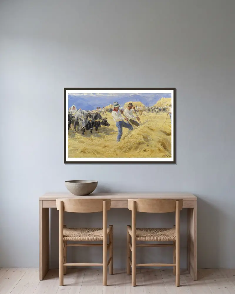 Threshing in the Abruzzi. Cività d’Antino av Peder Severin Krøyer inramad på en vägg