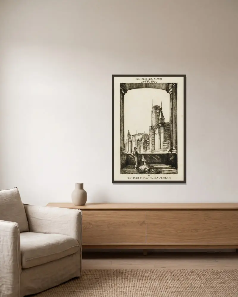 Chicago, Frontispiz von Donald Shaw MacLaughlan gerahmt an einer Wand