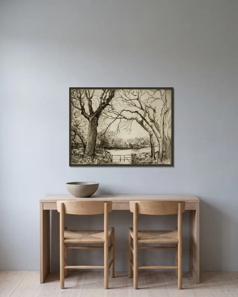 Tragenna Wood av Donald Shaw MacLaughlan inramad på en vägg