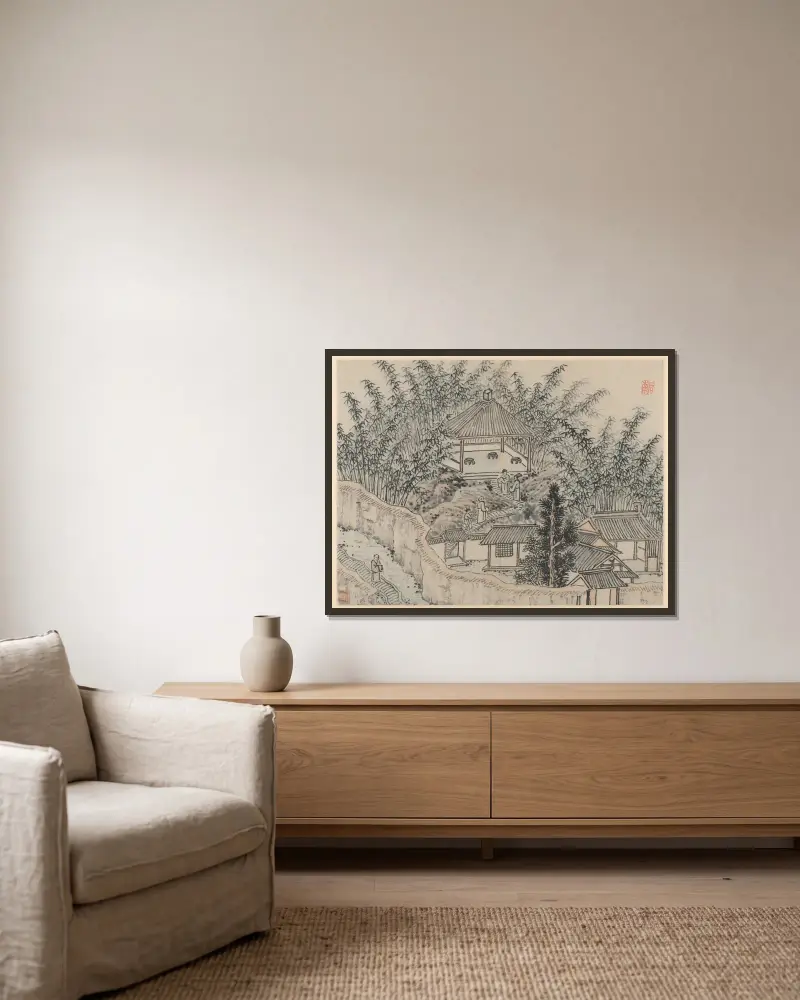 Bamboo Pavilion, Tiger Hill av Shen Zhou inramad på en vägg