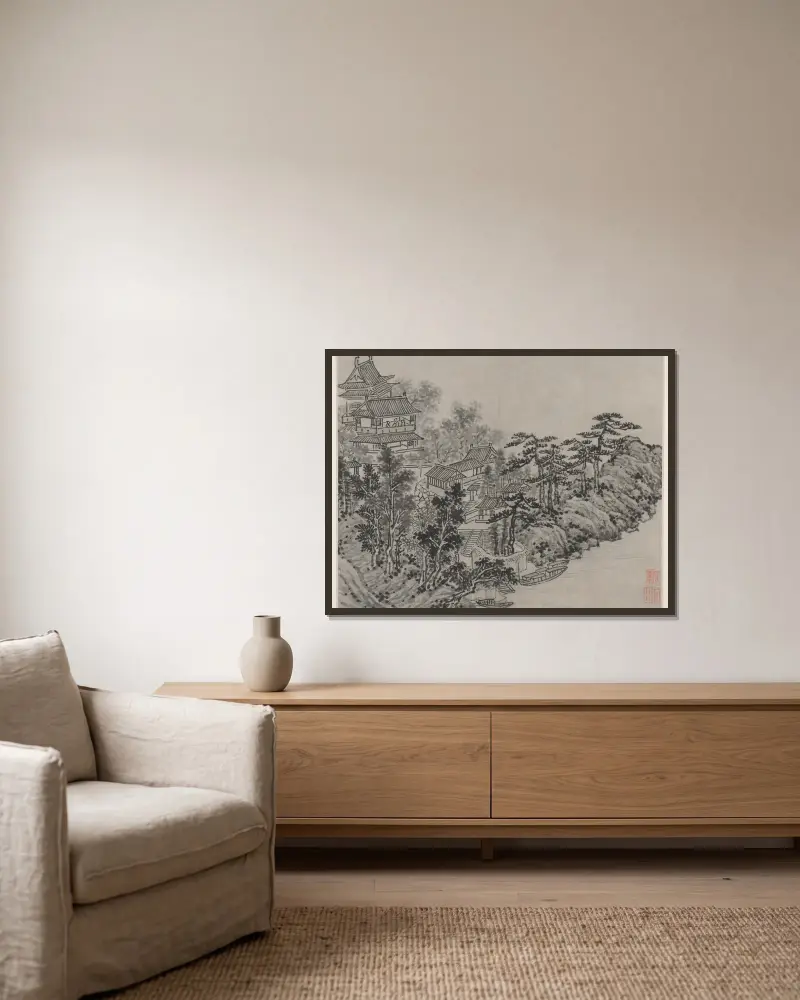 Pavillon zum Wolkenklettern von Shen Zhou gerahmt an einer Wand
