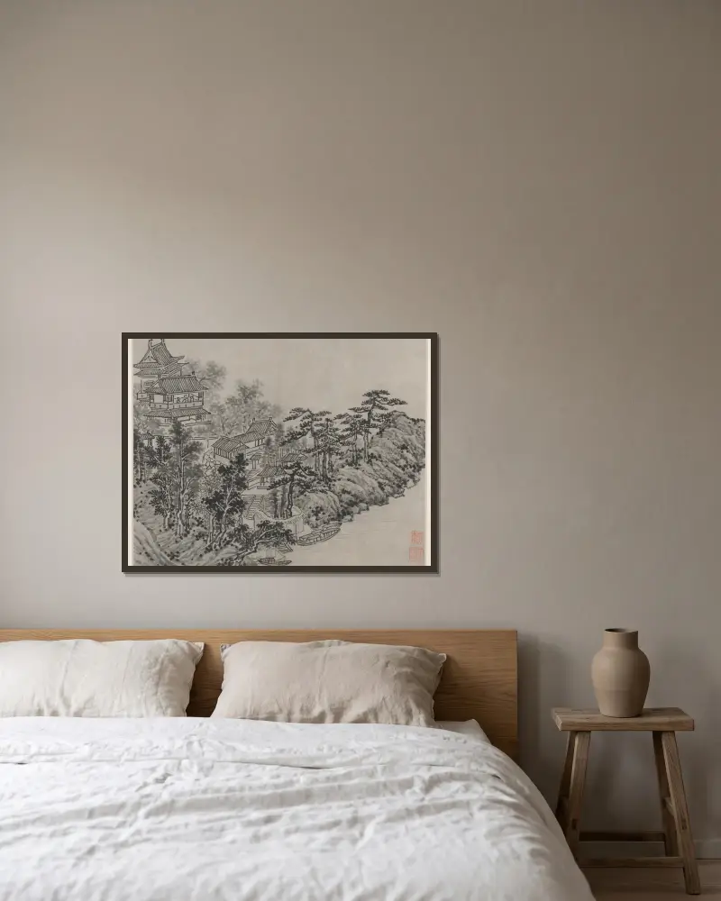 Pavillon zum Wolkenklettern von Shen Zhou gerahmt an einer Wand