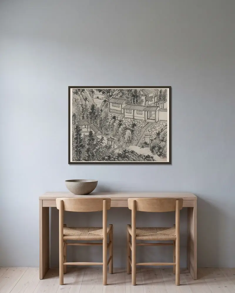 Die Kiefernzuflucht von Shen Zhou gerahmt an einer Wand