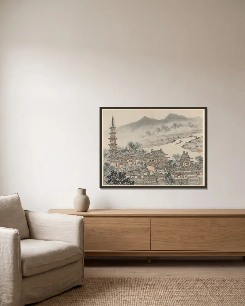 The Thousand Buddha Hall and the Pagoda of the ‘Cloudy Cliff’ Monastery av Shen Zhou inramad på en vägg