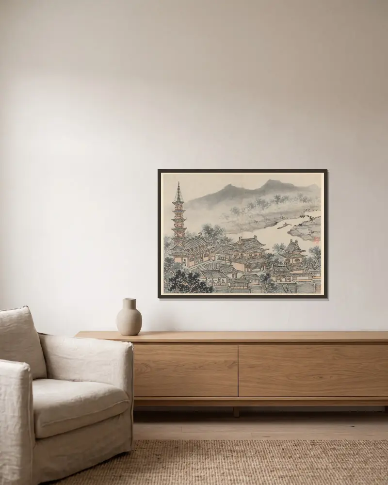The Thousand Buddha Hall and the Pagoda of the ‘Cloudy Cliff’ Monastery, from Twelve Views of Tiger Hill, Suzhou av Shen Zhou inramad på en vägg