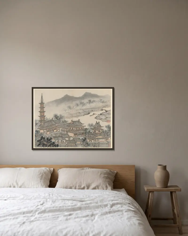 The Thousand Buddha Hall and the Pagoda of the ‘Cloudy Cliff’ Monastery, from Twelve Views of Tiger Hill, Suzhou av Shen Zhou inramad på en vägg