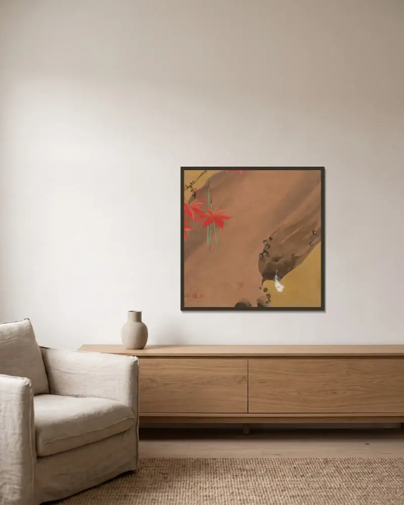 Ahornblätter und Feder von Shibata Zeshin gerahmt an einer Wand