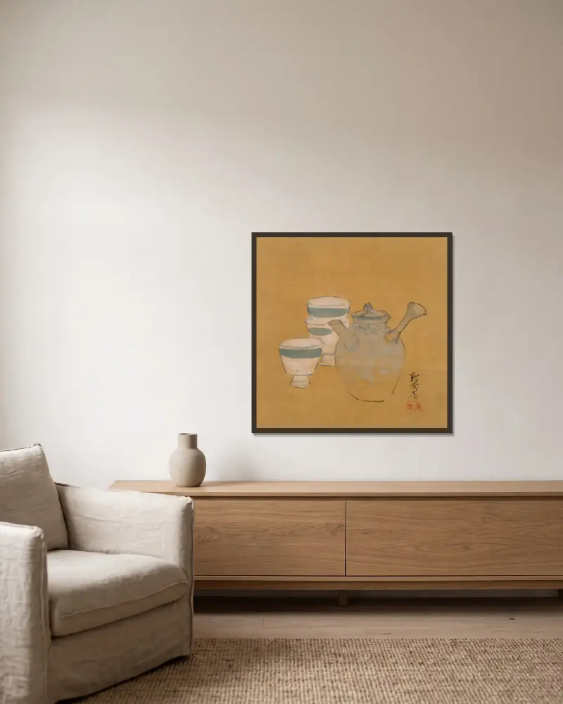 Teekanne und Tassen von Shibata Zeshin gerahmt an einer Wand