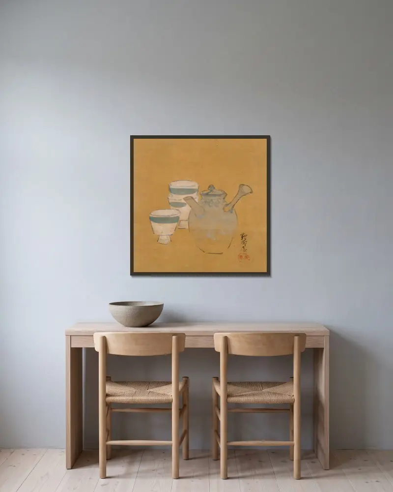 Teekanne und Tassen von Shibata Zeshin gerahmt an einer Wand