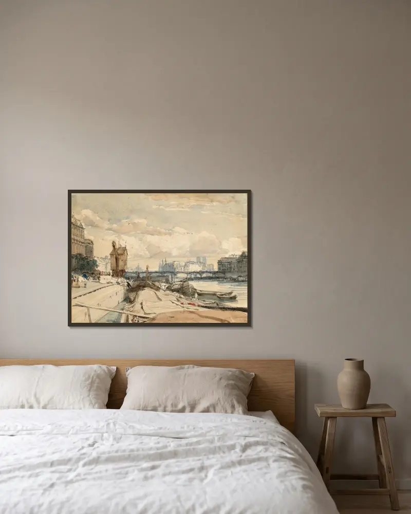 Utsikt över Pont des Arts och Île de la Cité från Quai du Louvre, Paris av Thomas Shotter Boys inramad på en vägg