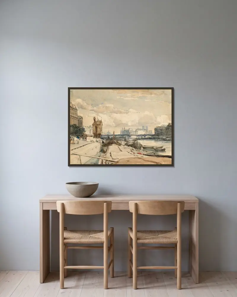 Utsikt över Pont des Arts och Île de la Cité från Quai du Louvre, Paris av Thomas Shotter Boys inramad på en vägg