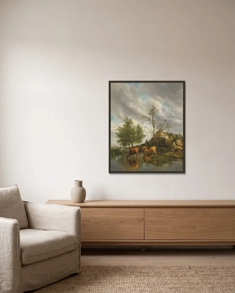 Ein Bach in den Wiesen von Thomas Sidney Cooper gerahmt an einer Wand