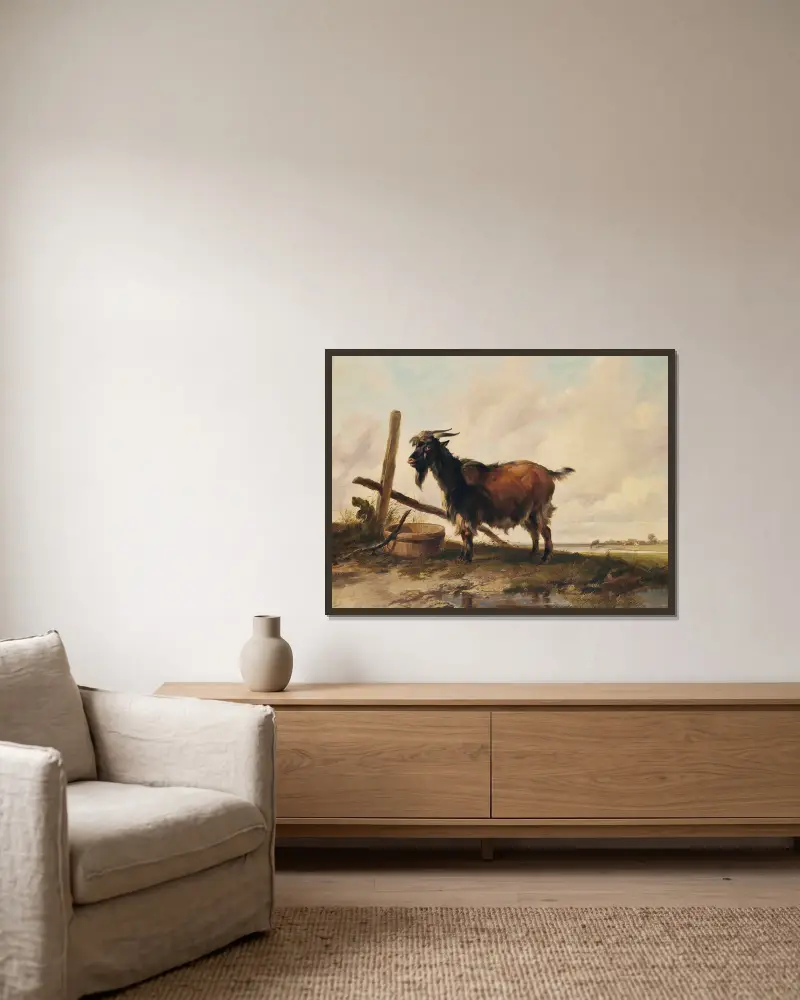 Eine Ziege in einer Landschaft, Vieh in der Ferne von Thomas Sidney Cooper gerahmt an einer Wand
