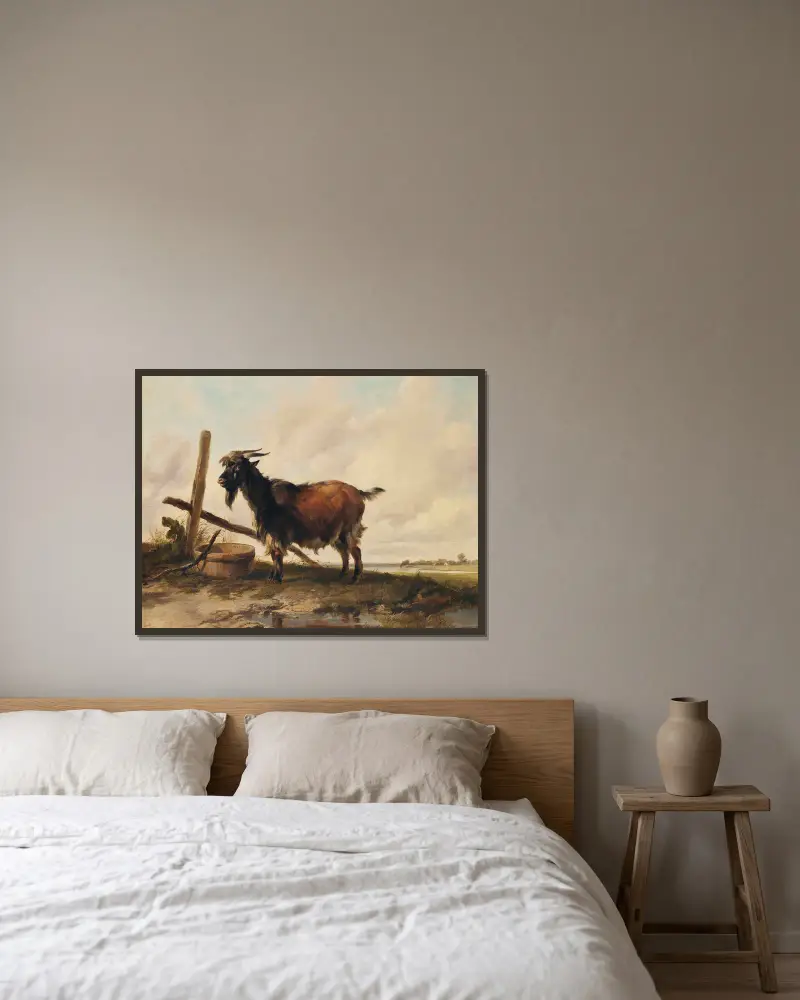 Eine Ziege in einer Landschaft, Vieh in der Ferne von Thomas Sidney Cooper gerahmt an einer Wand
