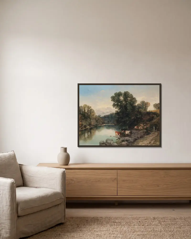 Cattle And Sheep At The River’s Edge av Thomas Sidney Cooper inramad på en vägg