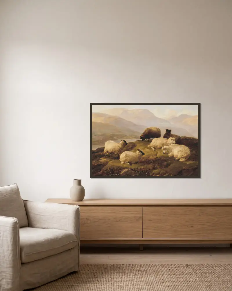 Sheep Resting In A Highland Landscape av Thomas Sidney Cooper inramad på en vägg