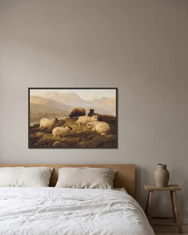 Sheep Resting In A Highland Landscape av Thomas Sidney Cooper inramad på en vägg