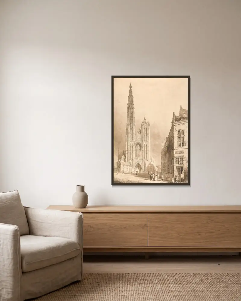 View of Antwerp Cathedral av Thomas Sidney Cooper inramad på en vägg