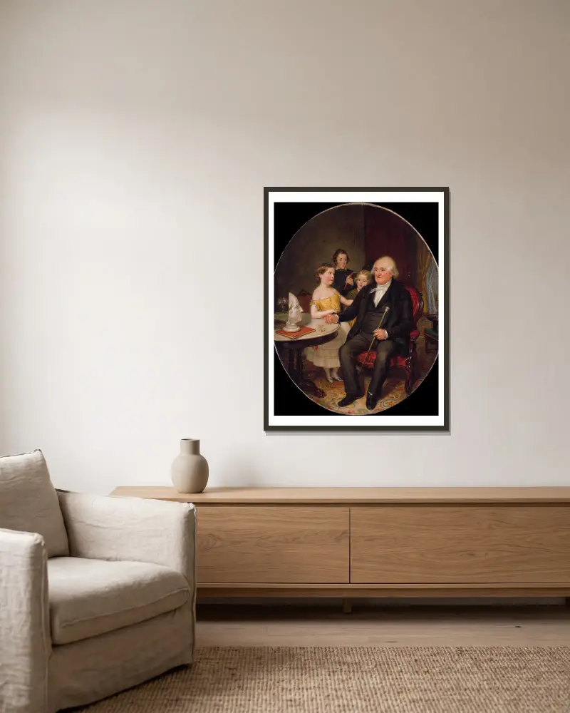 Great-Grand-Father’s Tale of the Revolution—A Portrait of Reverend Zachariah Greene av William Sidney Mount inramad på en vägg