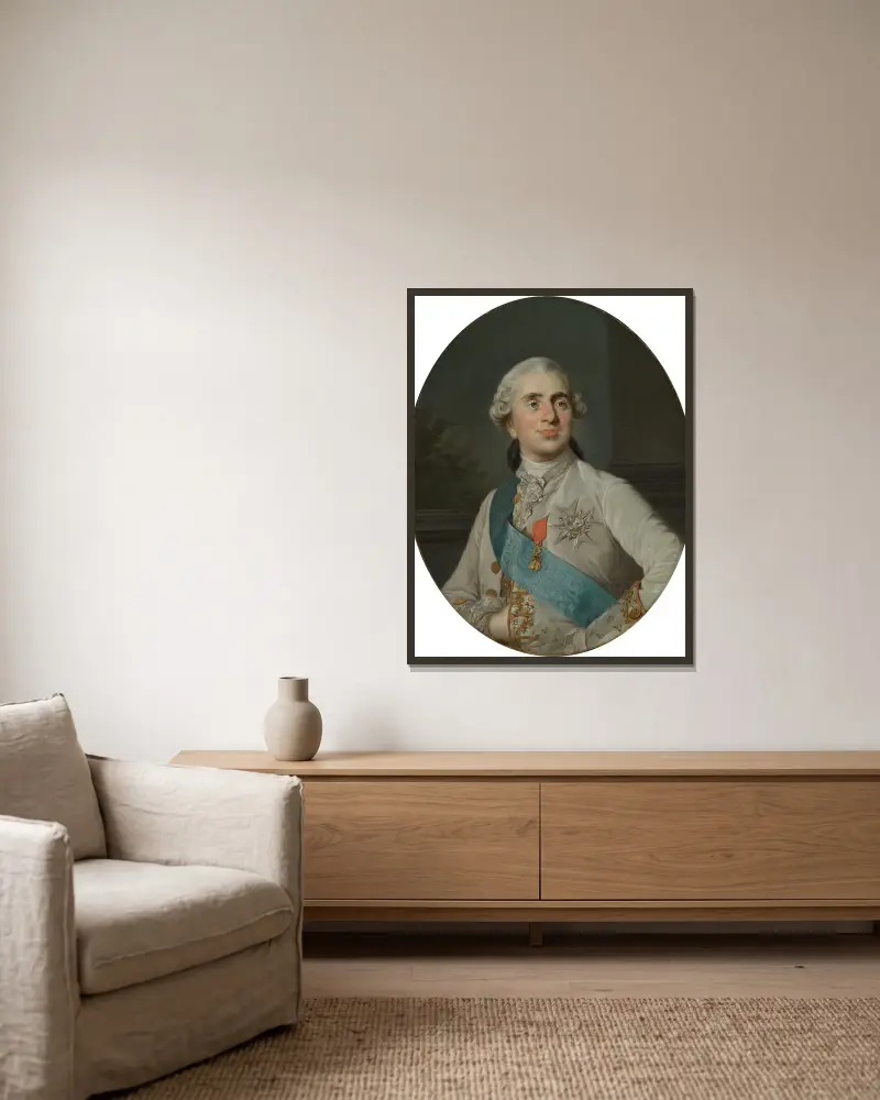 Bust portrait of King Louis XVI of France av Joseph Siffred Duplessis inramad på en vägg