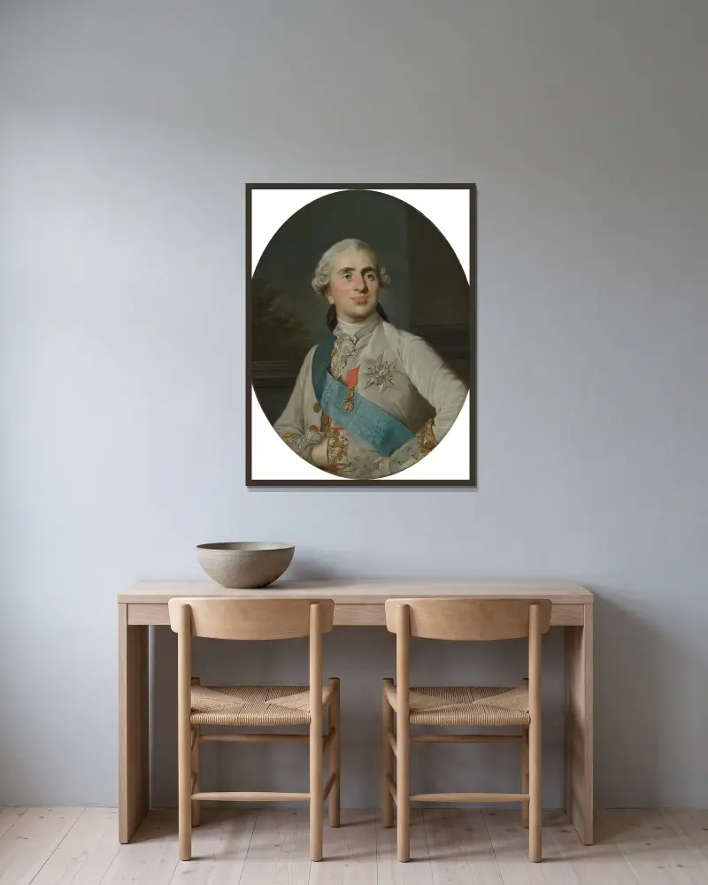 Bust portrait of King Louis XVI of France av Joseph Siffred Duplessis inramad på en vägg