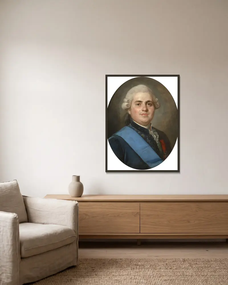Porträtt av Louis-Stanislas-Xavier de France av Joseph Siffred Duplessis inramad på en vägg