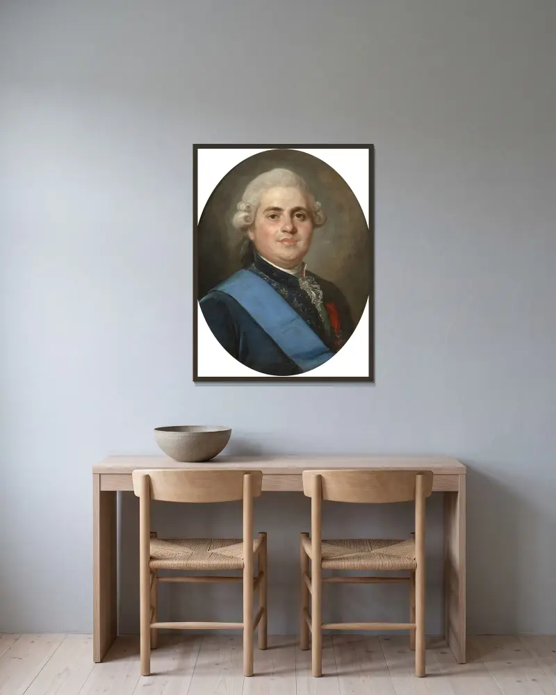 Porträtt av Louis-Stanislas-Xavier de France av Joseph Siffred Duplessis inramad på en vägg