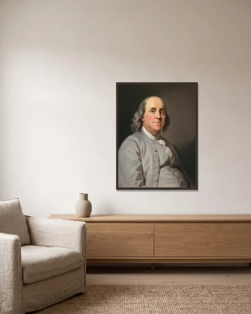 Porträtt av Benjamin Franklin av Joseph Siffred Duplessis inramad på en vägg