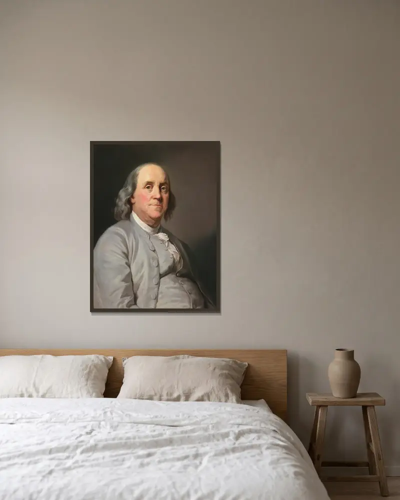 Porträtt av Benjamin Franklin av Joseph Siffred Duplessis inramad på en vägg