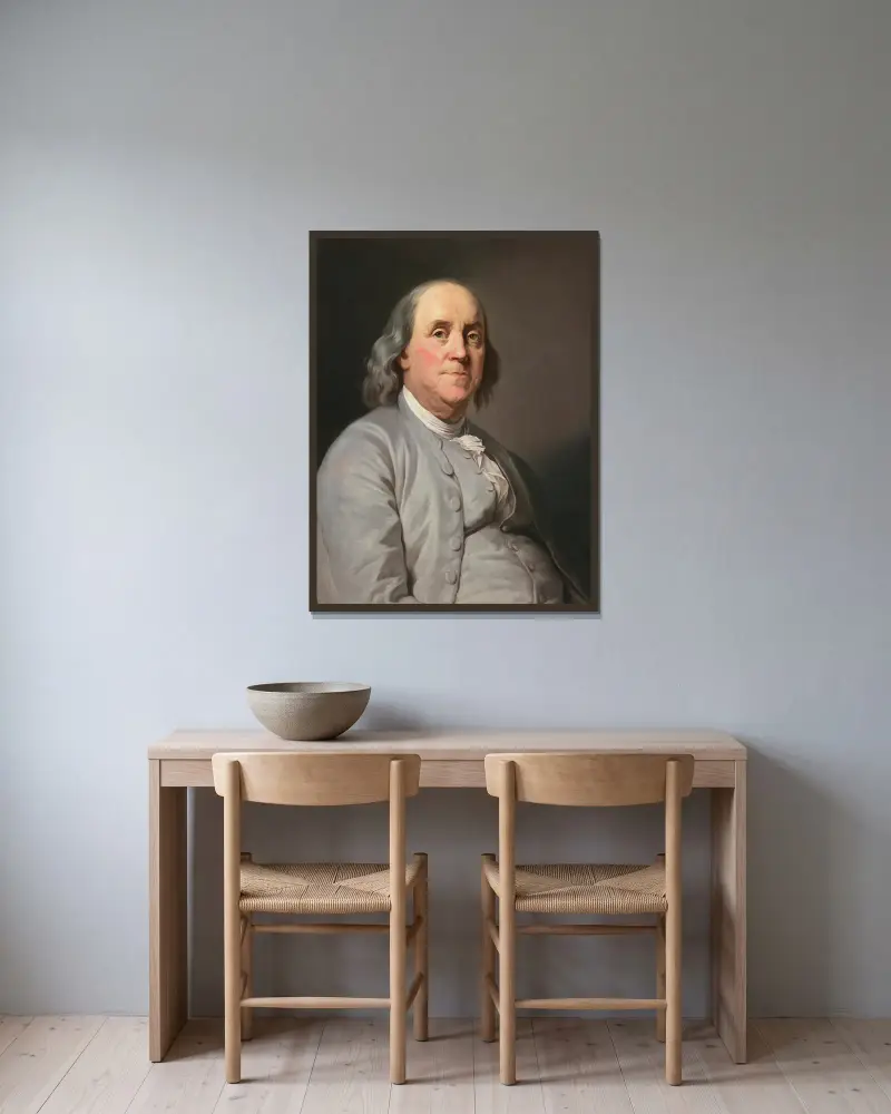 Porträtt av Benjamin Franklin av Joseph Siffred Duplessis inramad på en vägg