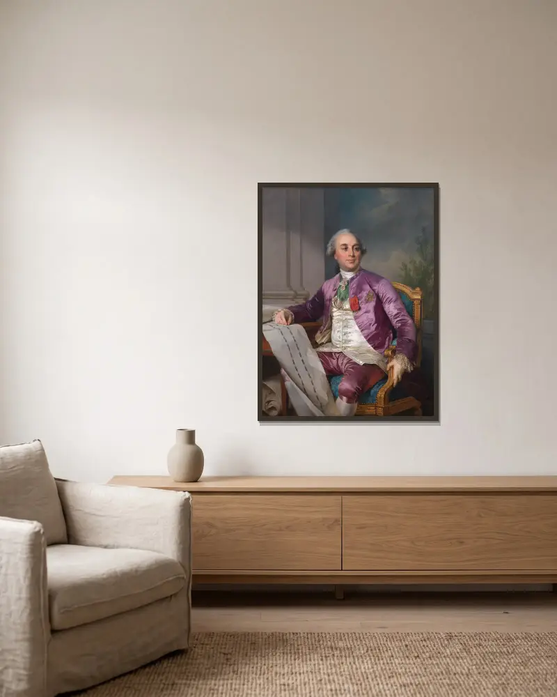 Portrait of Charles-Claude Flahaut de la Billarderie comte d’Angiviller (1730-1809) av Joseph Siffred Duplessis inramad på en vägg