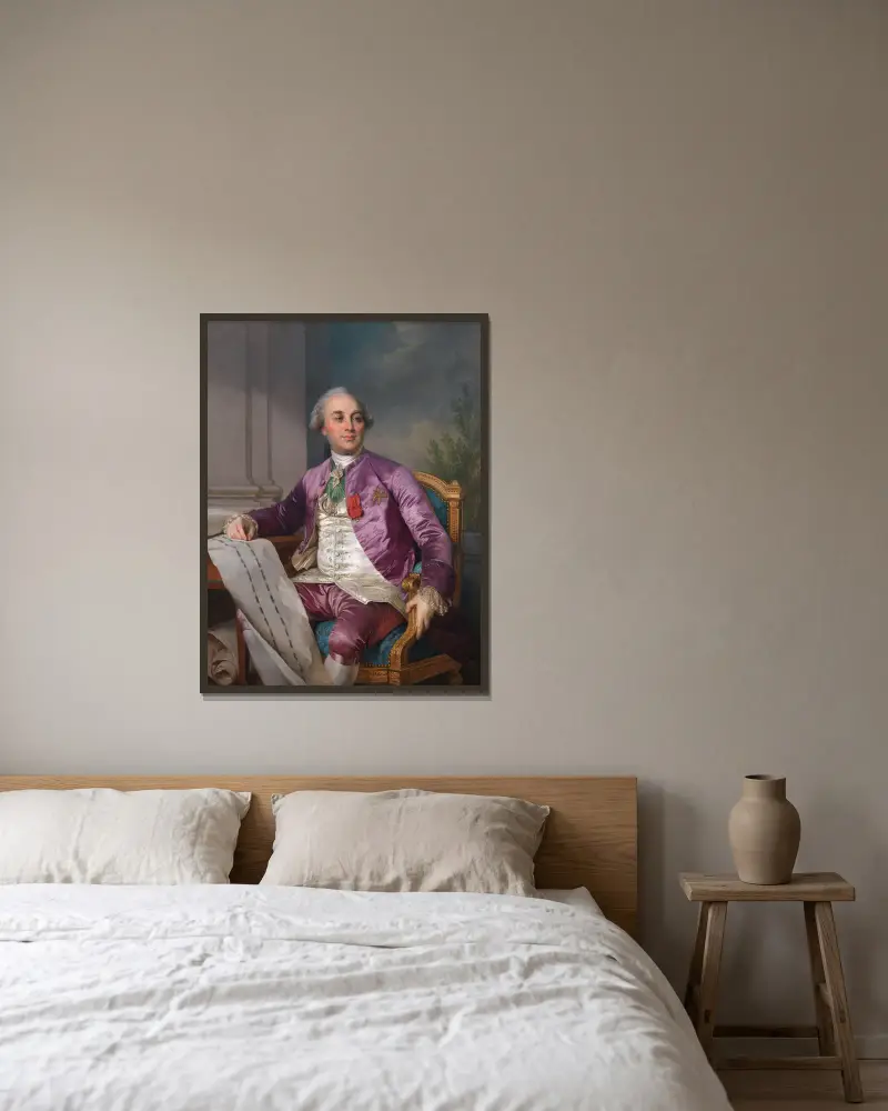 Portrait of Charles-Claude Flahaut de la Billarderie comte d’Angiviller (1730-1809) av Joseph Siffred Duplessis inramad på en vägg