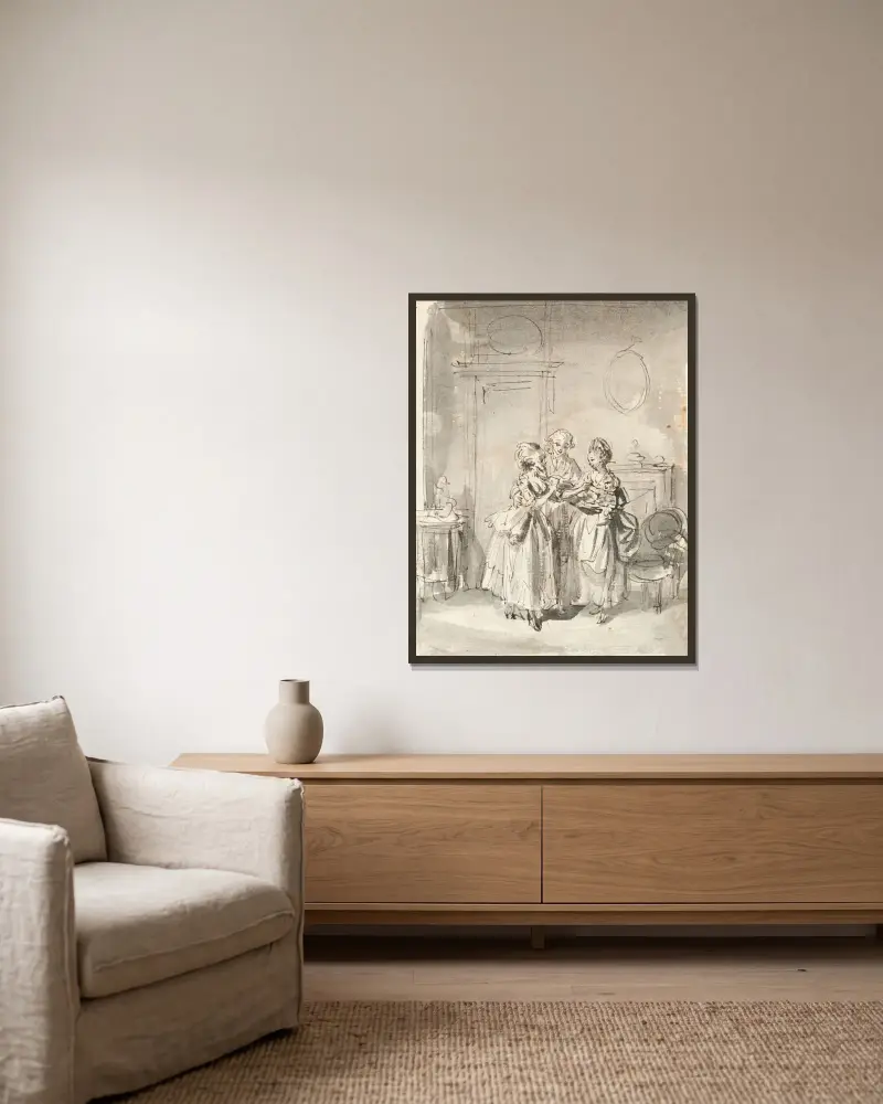 Szene in einem Boudoir von Sigmund Freudenberger gerahmt an einer Wand