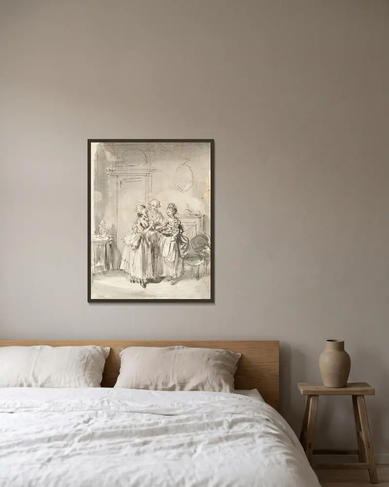Szene in einem Boudoir von Sigmund Freudenberger gerahmt an einer Wand