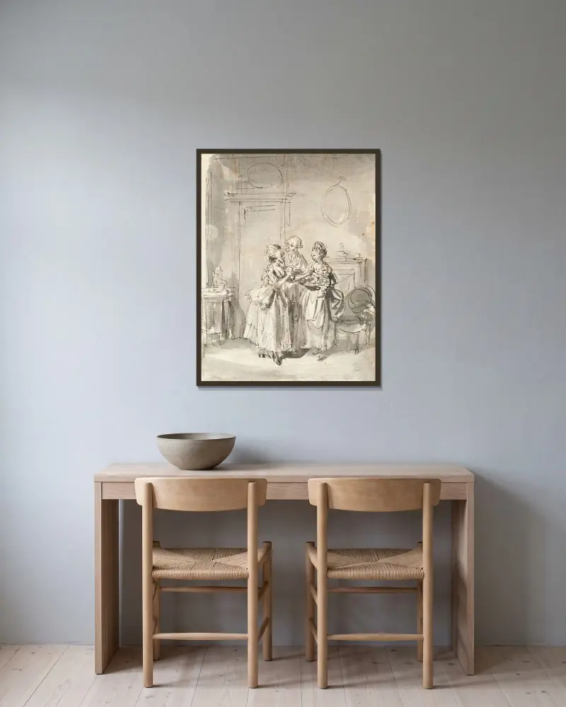 Szene in einem Boudoir von Sigmund Freudenberger gerahmt an einer Wand